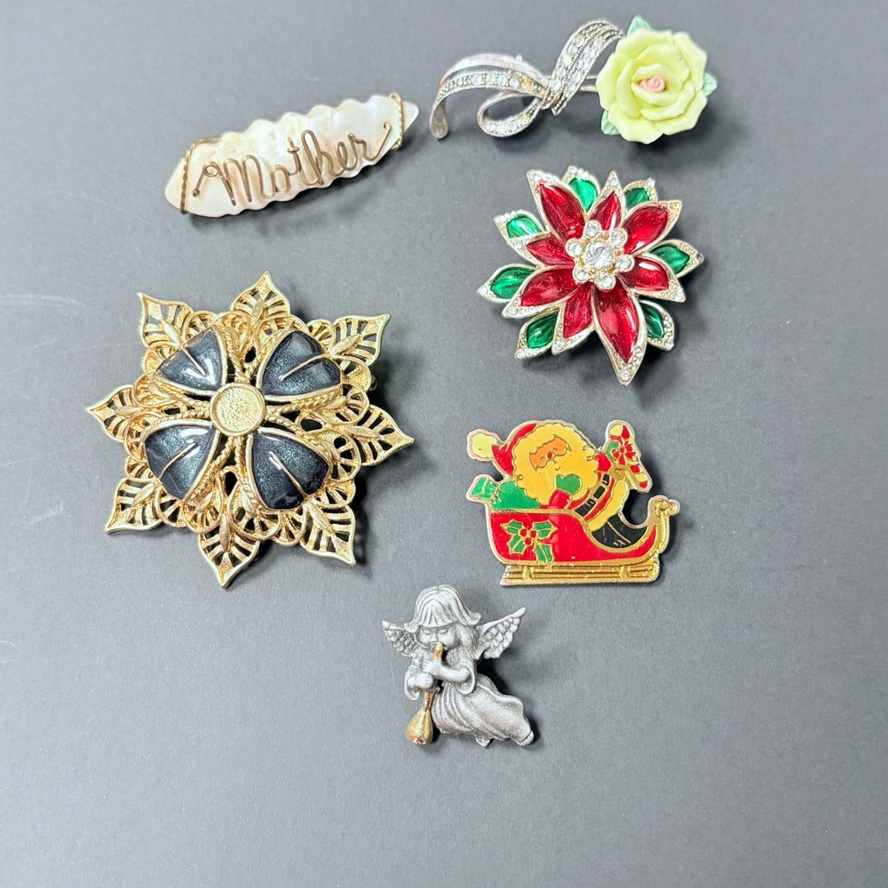 Vintage Brooch Lot | 6 Piece Pin Bundle | Floral Holiday  | Mixed Designs